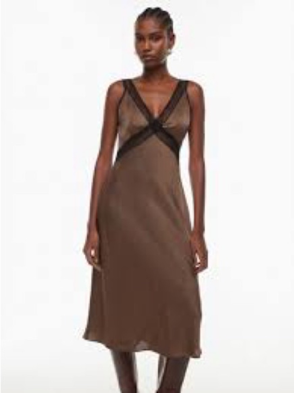 House of Harlow 1960 Brown Satin Slip Dress Black Lace Trim Size S